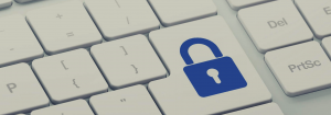 A keyboard with a blue lock key symbol.