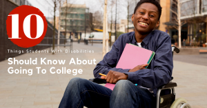 African American student in a wheelchair smiling at the camera while holding a pencil and notepads.