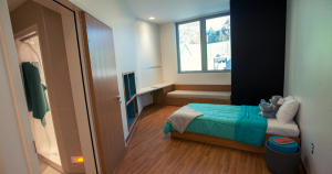 An empty room, with a bed.