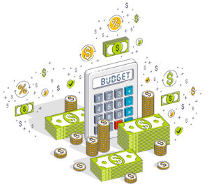 Calculator with cash money stacks and coins piles isolated on white background, budget concept. Isometric 3d vector finance illustration with icons, stats charts and design elements.