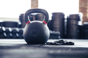 This stock image shows a kettlebell and some other stacked weights.