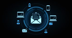 Blue Envelope connected digitally to phones and computers.