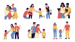 A variety of illustrated couples of all backgrounds foster and adopt kids.