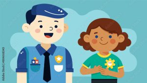 A brown girl in a green shirt smiling next to a police officer in his blue uniform
