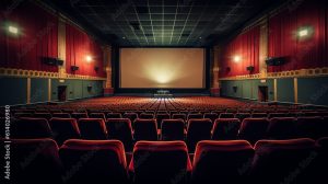 An empty movie theater with red chairs and a white scene