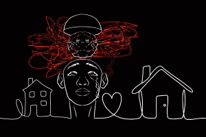 sketch of a person with red clustered lines around their brain connecting to houses on both sides